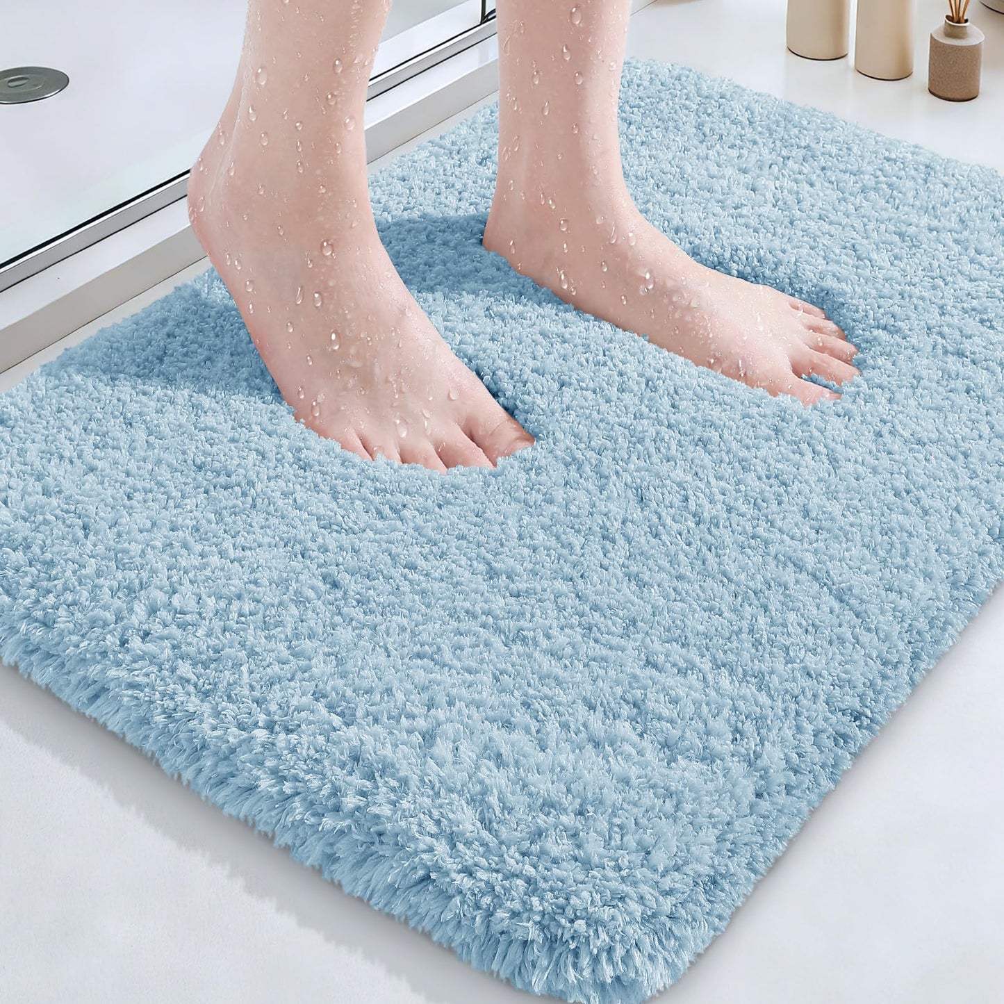 Microfiber Thick Bathroom Rugs, Flurry Non Slip Bath Rug, Ultra Soft Plush Absorbent Bathroom Mat, Machine Washable Luxury Toilet Rug Set, Bath Mat for Tab, Shower and Bathroom, Light Blue, 36"x24"