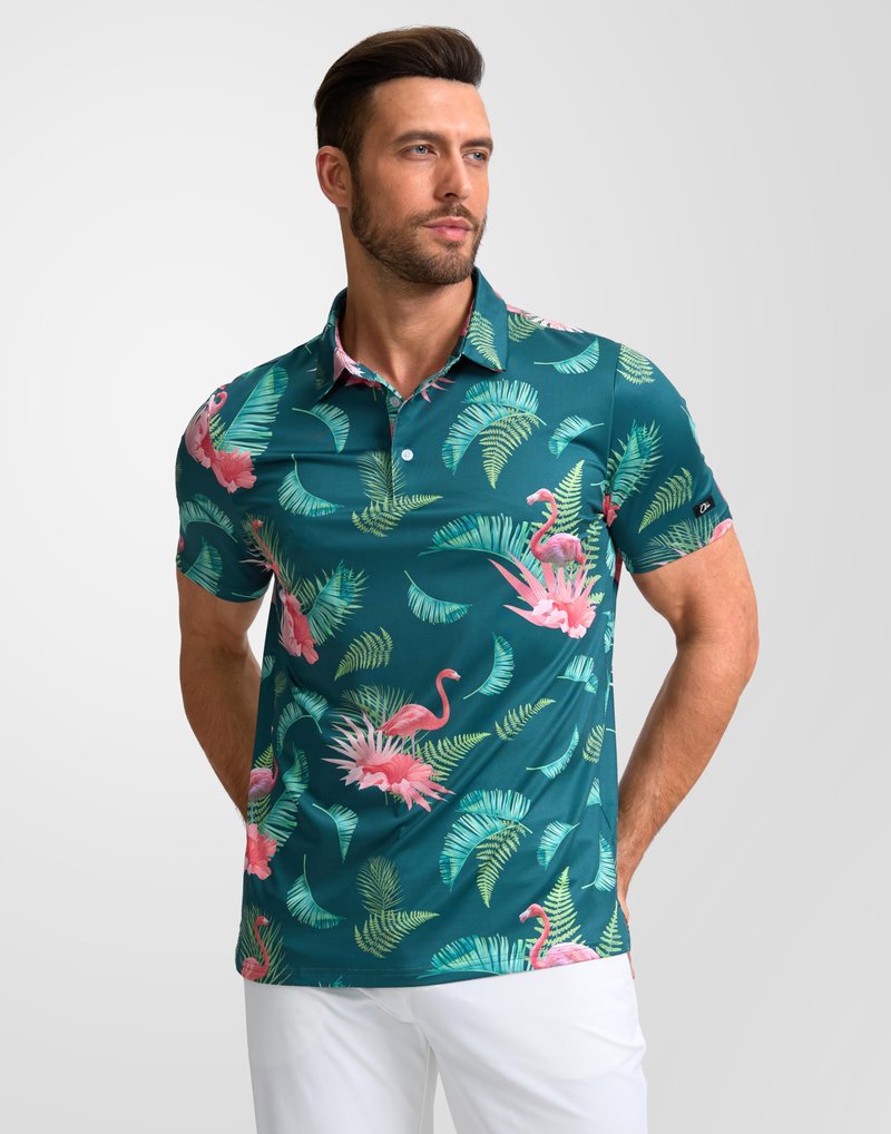 Obla Mens Golf Polo Shirts Short Sleeve Dry Fit Performance Moisture Wicking Casual Print Collared Golf Shirts for Men(Green Flamingo_S)
