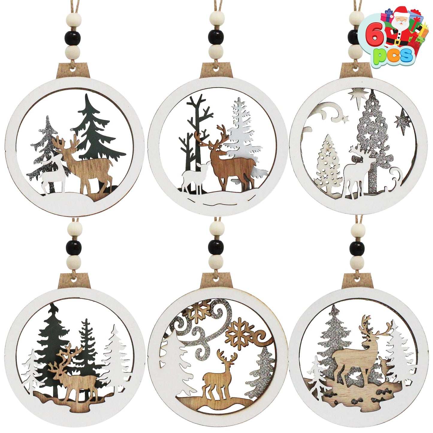 JOIEDOMI 6 Pcs Christmas Wooden Ornaments, Christmas Farmhouse Rustic Reindeer, Hanging Wood Ornaments for Winter Holiday Indoor Decor, Xmas Tree Decorations