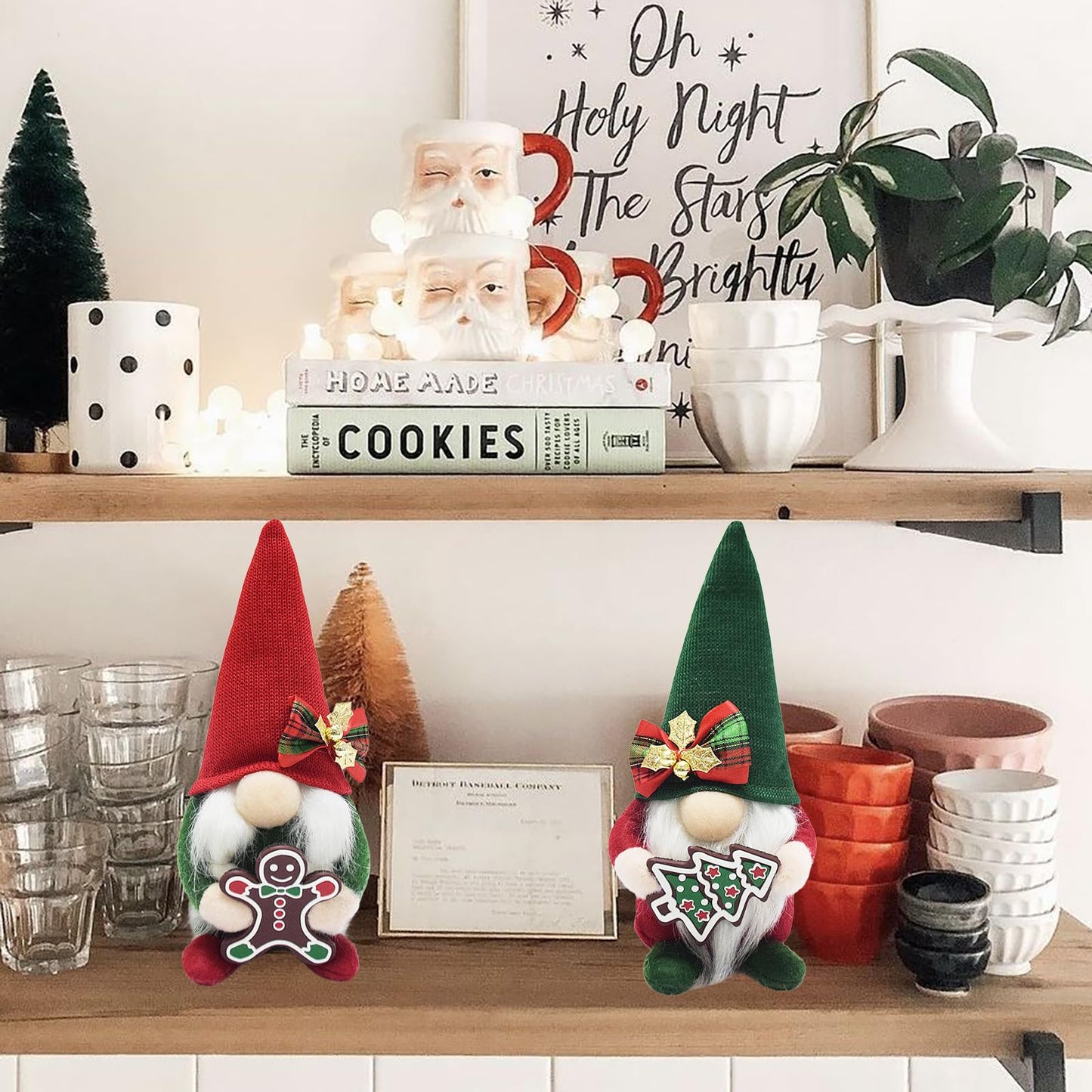 Attiigny Christmas Gnomes Plush with Gingerbread,Handmade Xmas Tomte Swedish Nordic Red Green Gnomes Figurine Classical Navidad Elf Gifts Noel Ornaments for Home Office Decor