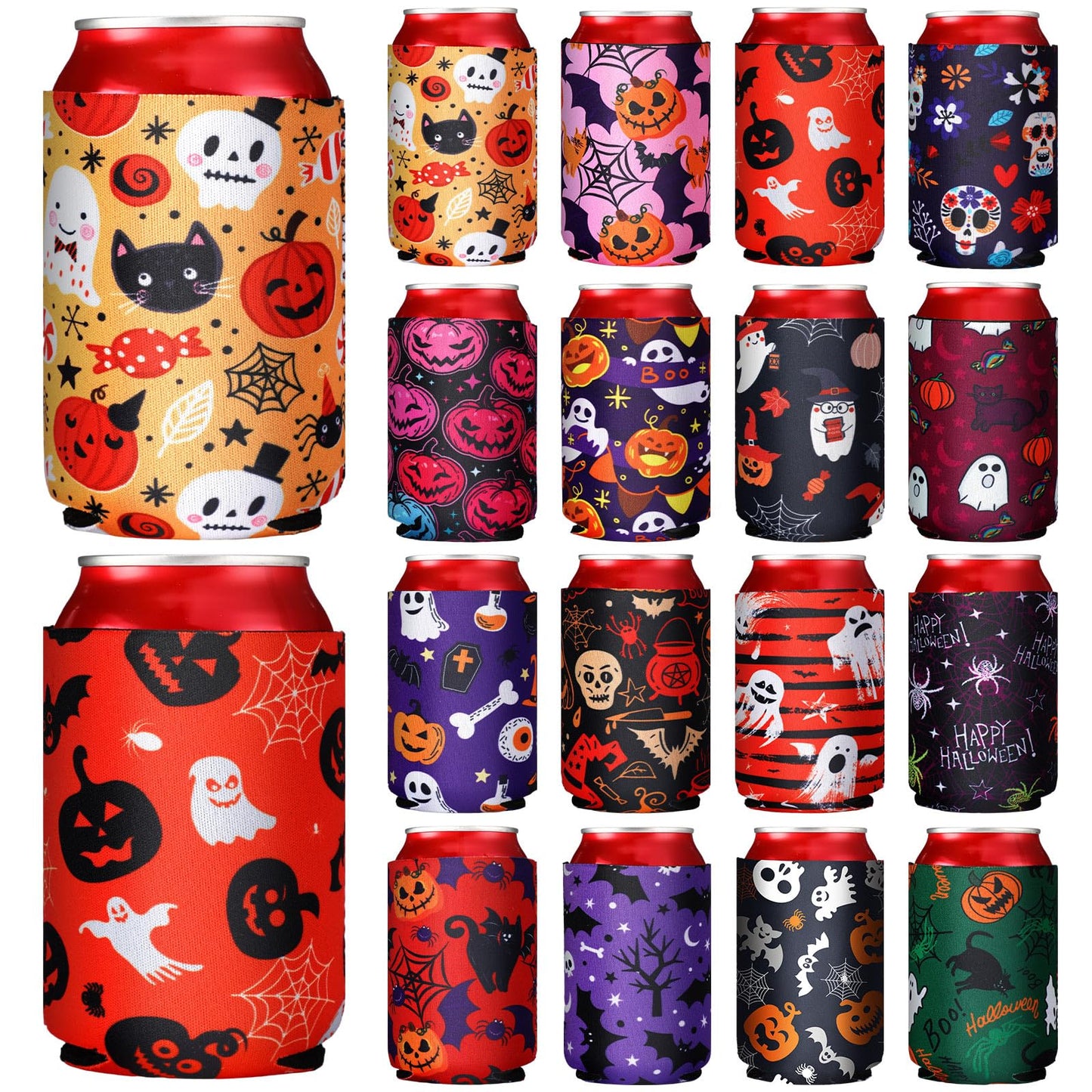 CHENGU 16 Pcs Beer Can Sleeves Halloween Cooler Insulated 12oz Neoprene Soda Holder Non Slip Colored Drink Can Covers for Bottles Home Kitchen Office Bar