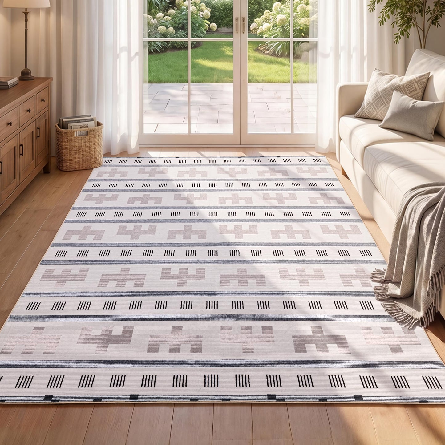 YIHOUSE Geometric Boho Area Rug - Moroccan Washable Non Slip Rug, Modern Minimalist Low Pile Rug for Living Room Bedroom Dining Kitchen, Cream Beige 6x9
