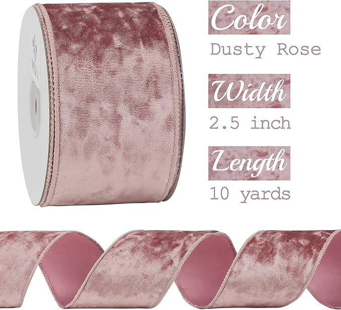 MEEDEE Dusty Rose Velvet Ribbon - 2.5 Inch Crushed Velvet Christmas Ribbon, 10 Yards for Tree Decoration, Wreaths, Crafts