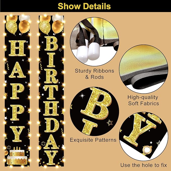 Birthday Lighted Banner Decorations for Men Women - Black Gold Happy Birthday Porch Sign with LED Light Party Supplies, 16th 21st 30th 40th 50th 60th 70th 80th 90th Bday for Indoor Outdoor