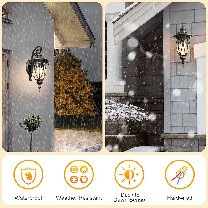 23 Inch Large Dusk to Dawn Outdoor Porch Lights for Garage, 2 Pack Bronze Wall Lantern with Photocell Sensor, Exterior Wall Light Fixture with Seeded Glass for House, Aluminium