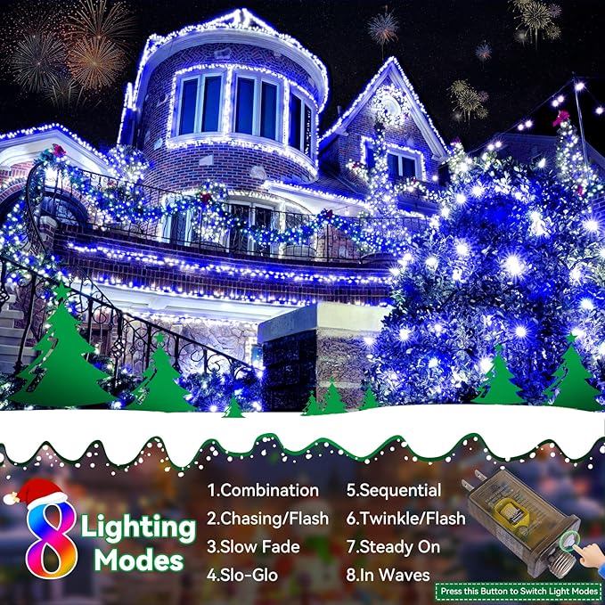 Heceltt Christmas Lights Outdoor, 125FT 350 LED String Lights 8 Modes and Timer Memory Function Twinkle Fairy Lights Waterproof Plug in for Xmas Tree Wedding Party Holiday Decor(Blue)