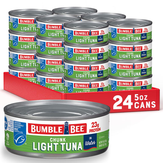 Bumble Bee Chunk Light Tuna In Water, 5 oz Cans (Pack of 24) - Wild Caught Skipjack Tuna - 23g Protein Per Serving - MSC Certified Sustainable Seafood, Non-GMO, Gluten Free, Kosher