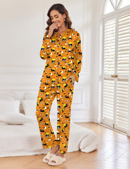 Ekouaer Silk Pajamas for Women Classic Button Down Pj Sets Satin Sleepwear Comfy Long Sleeve Loungewear Halloween M