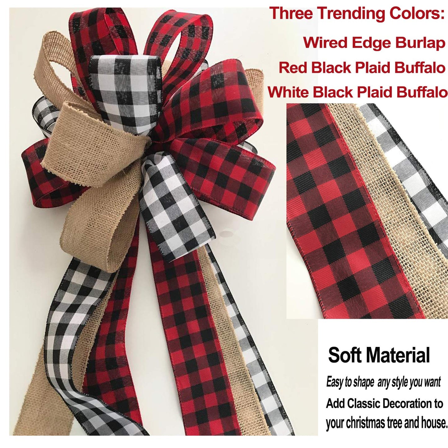 Tmflexe Christmas Bows Tree Topper Red Black White Buffalo Plaid Ornaments Handmade for Wreath Door Burlap Rustic Farmhouse Decoration (Burlap Buffalo Plaid)