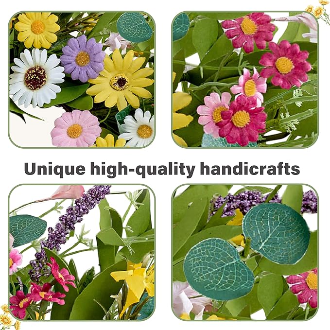 Spring Wreath 22 Inch Artificial Summer Wreath with Yellow Daisy Flowers Green Eucalyptus Leaves Lavender Spring Wreaths for Front Door Home Farmhouse Porch Wall Easter Festival
