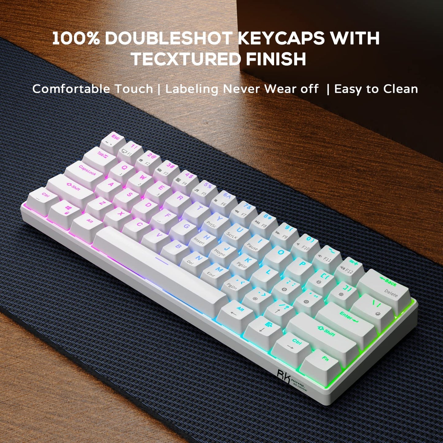 RK ROYAL KLUDGE RK61 60% Mechanical Keyboard with Coiled Cable, 2.4Ghz/Bluetooth/Wired, Wireless Bluetooth Mini Keyboard 61 Keys, RGB Hot Swappable Red Switch Gaming Keyboard with Software - White