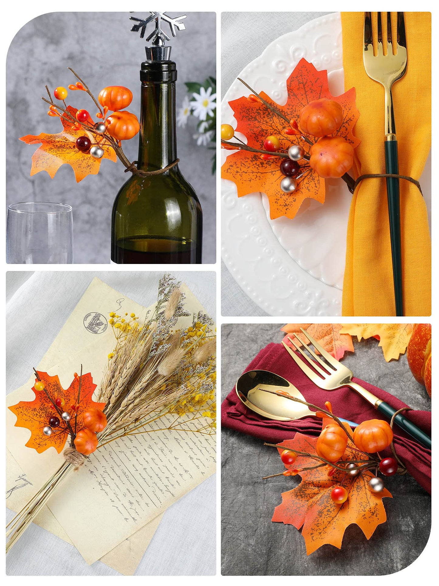 Patelai 12 Set Fall Thanksgiving Napkin Rings Pumpkin Maple Leaves Red Berry Napkin Holder for Table Decor, Wedding, Fall Banquet, Holiday, Dinner Party(Fresh Style,Orange)