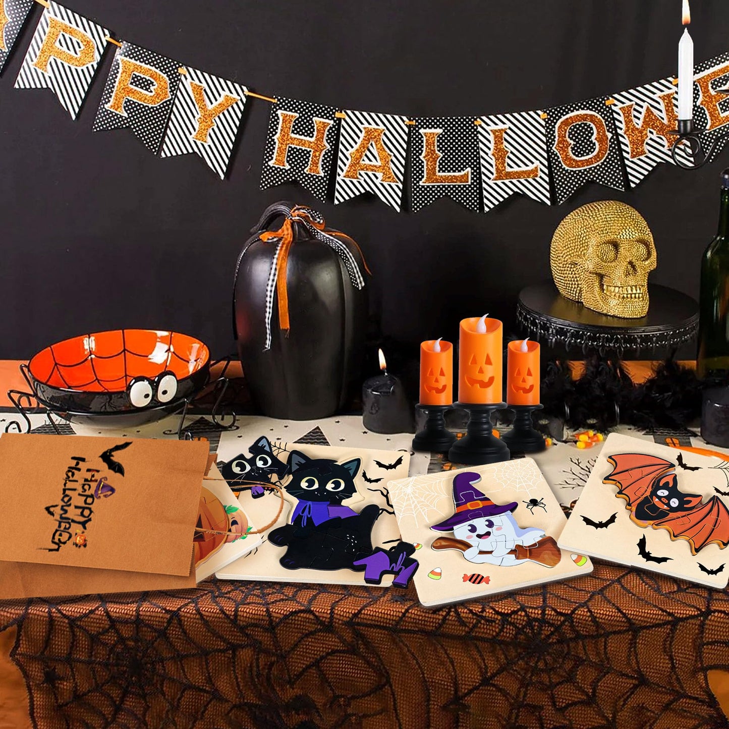 Malhaii 4Pack Halloween Wooden Puzzles for Toddlers - Educational Learning Toys, Jigsaw Puzzle for Party Favors, Supplies, Kids, Boys, Girls - Treat Goodie Bags Fillers Gifts