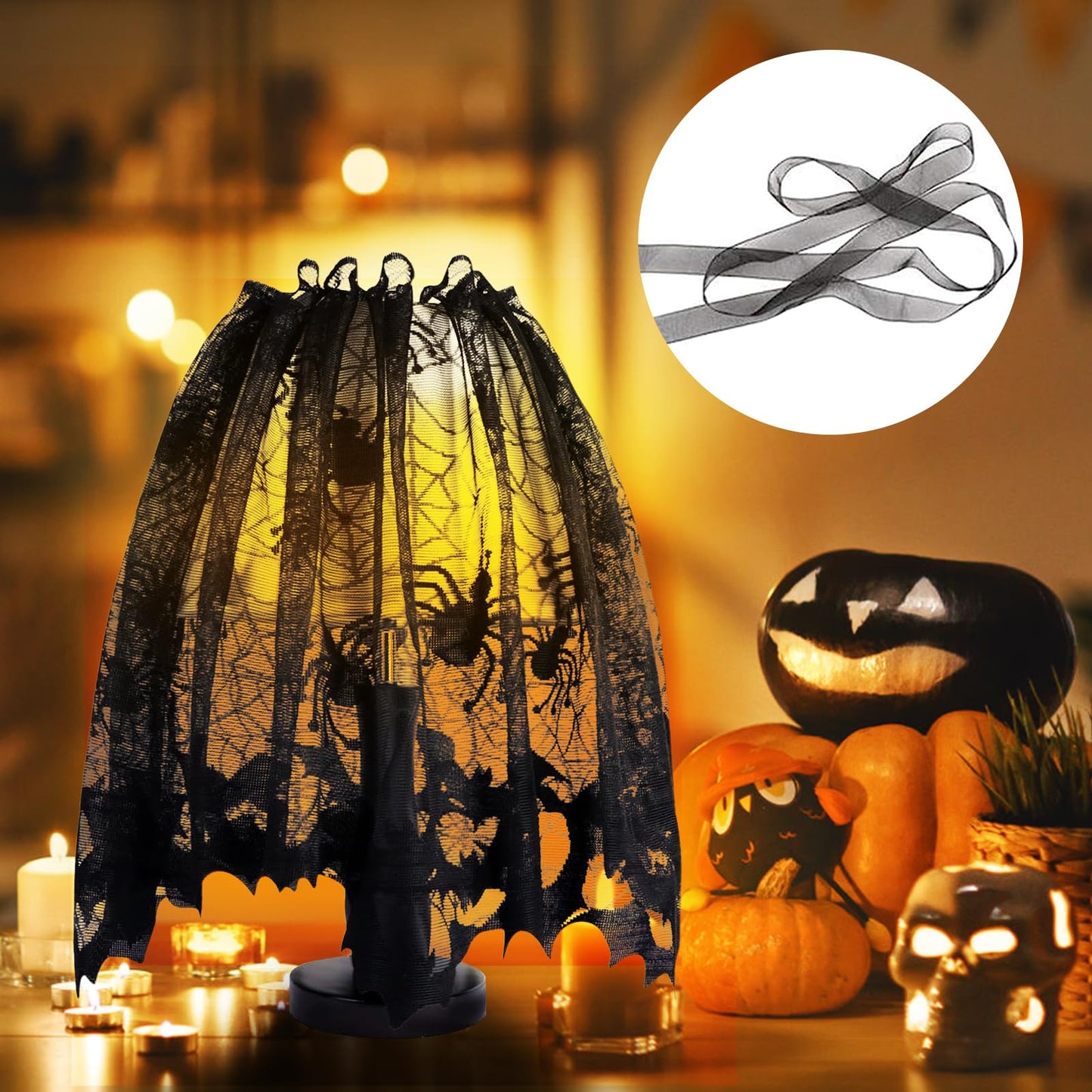 5Pack Halloween Decorations Indoor Halloween Decor Black Lace Table Runner Fireplace Mantel Scarf Round Tablecloth Cobweb Lampshade with 32 Pcs 3D Bat Wall Stickers