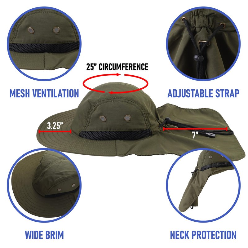 Falari Outdoor Sun Hat, Wide Brim with Neck Flap, Safari Hiking Gardening Fishing Hat - Army Green