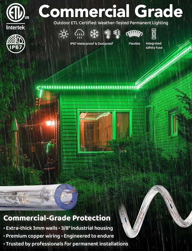 WYZworks 576LEDs 50ft LED Outside Rope Lights, Outdoor ETL Certified Waterproof Permanent 360 Degree Light Emitting, Flexible Tube, Connectable, Christmas Palm Tree Exterior Landscape, Green