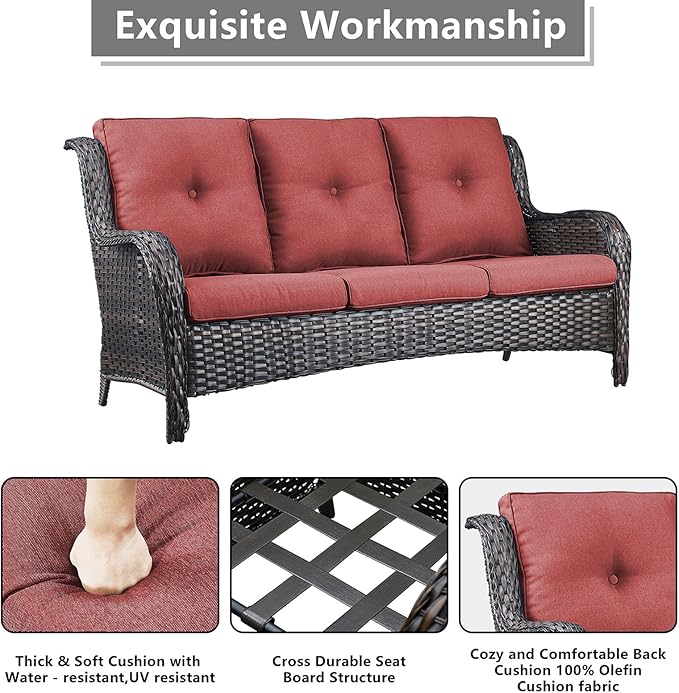 Rilyson Wicker Patio Furniture Set - 5 Piece Rattan Outdoor Sectional Conversation Sets with 2 Rocking Swivel Chairs,2 Ottomans and 1 Sofa for Porch Deck Garden(Brown/Red)