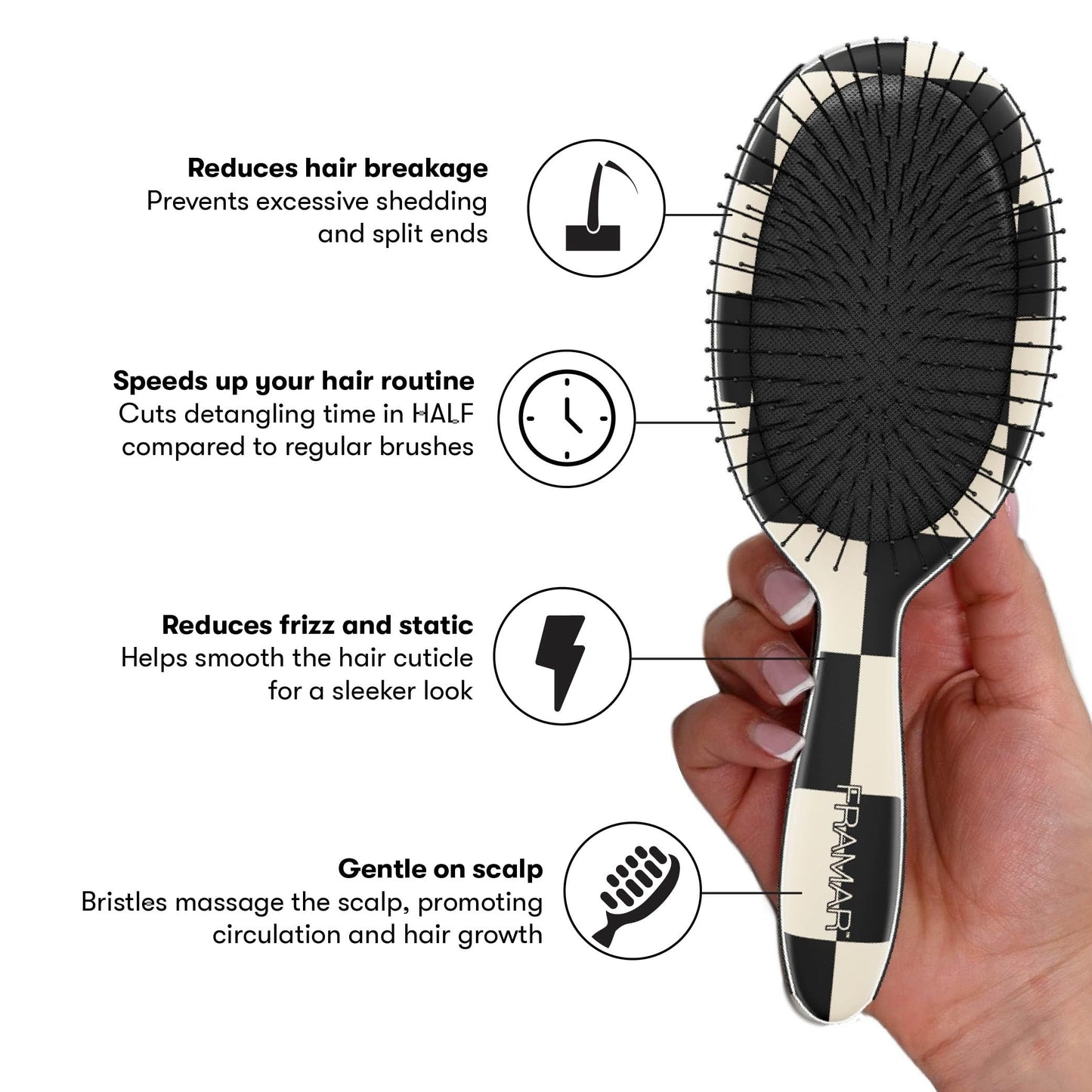 FRAMAR Checkered Print Hair Brush Detangler – Wet Hair Brushes For Women, Womens Hair Brush, Black and White Checkered Hair Accessories, Hairbrush For Women, Cepillos Para Cabello – Detangle Brush