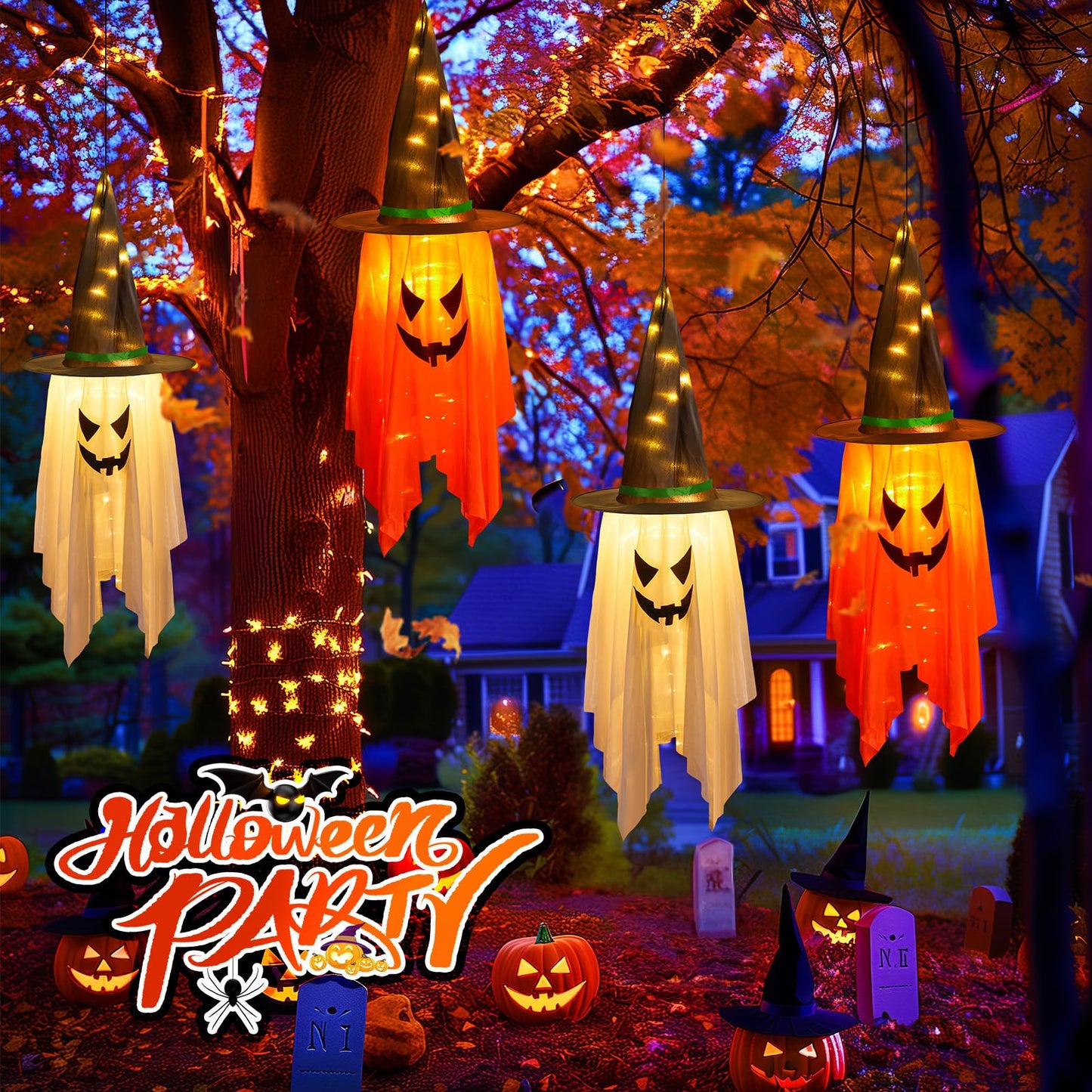 Minetom Halloween Lights Battery Operated, 2PC Large Hanging Witch Hats Lights, Total 40 LED Light up Witch Hat, Glowing Ghost Witch Hat Lights, Halloween Outdoor Decoration for Tree Indoor,Warm White