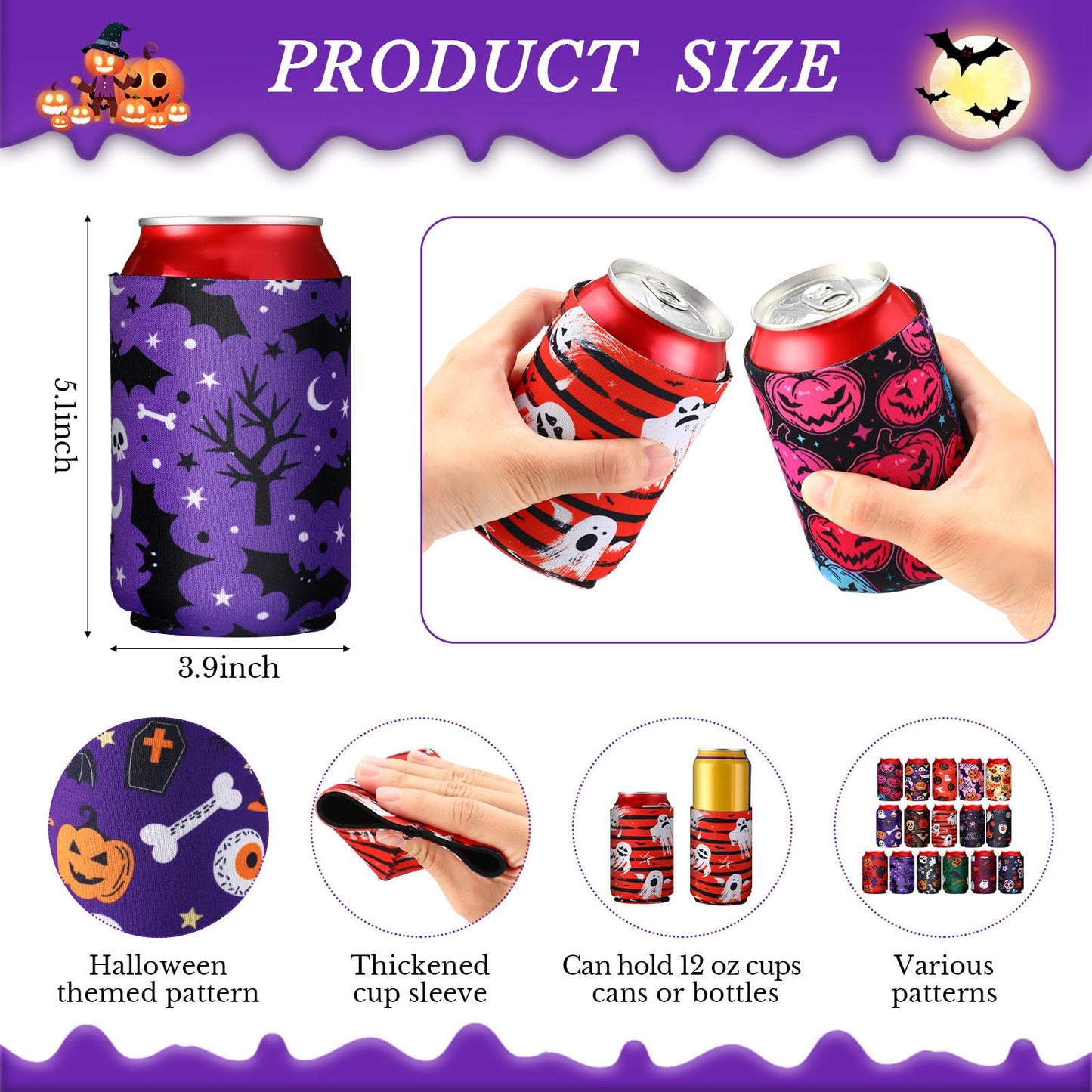 CHENGU 16 Pcs Beer Can Sleeves Halloween Cooler Insulated 12oz Neoprene Soda Holder Non Slip Colored Drink Can Covers for Bottles Home Kitchen Office Bar