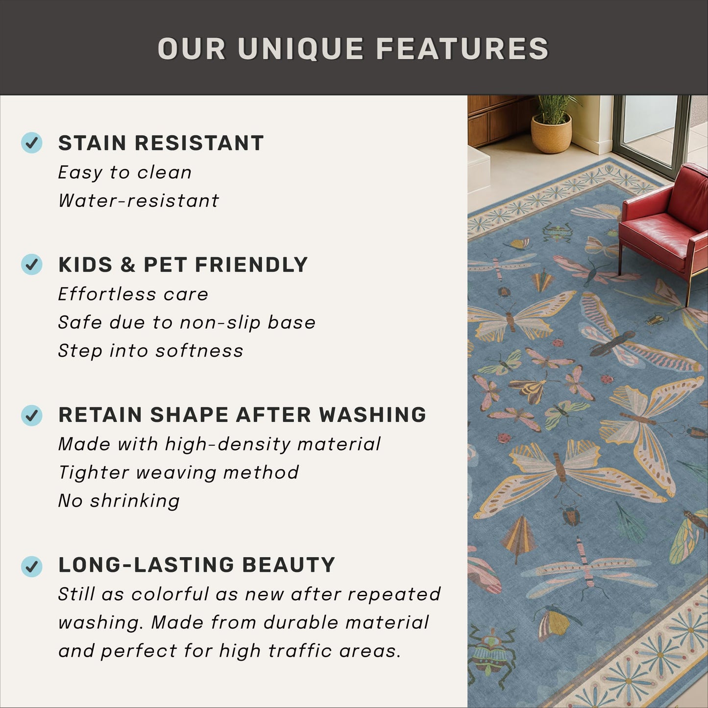 Blue Washable Kids Playroom Rug - 5x7 Area Rugs for Nursery Baby Boy, Bedroom, Living Room, Toddler Boy Room Decor, Cute Animals Print Carpet, Super Soft Non Slip Stain Resistant