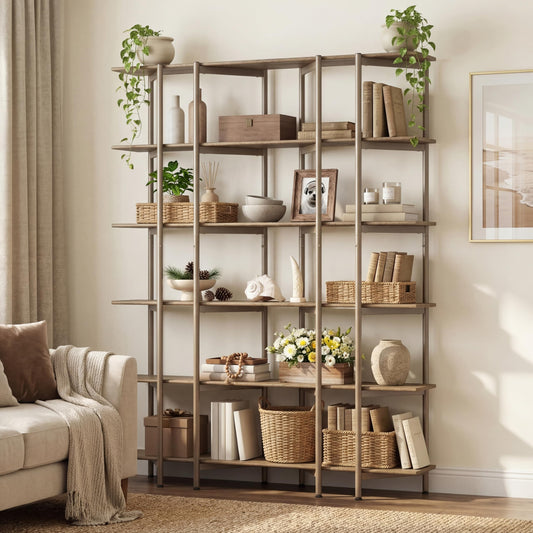 LITTLE TREE 70.87" Tall Open Bookshelf, 6-Tier Display Rack with Metal Frame & Wooden Shelves, Modern Bookshelf for Living Room, Home Office, Kitchen, Bedroom, Brown & Gold