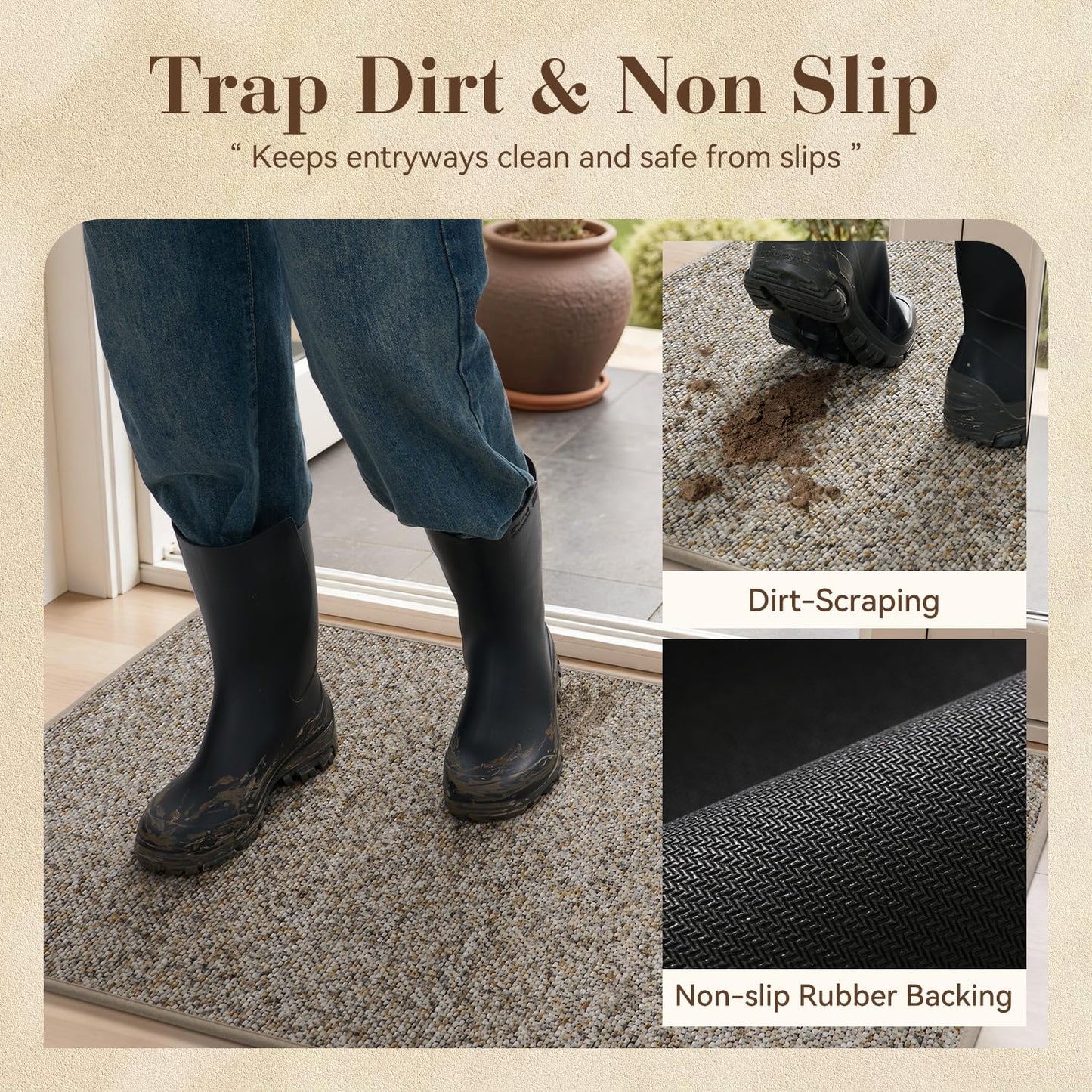 MontVoo Door Mat Indoor Entrance Doormat, Absorbent Durable Rubber Non Slip Front Door Mat for Inside Entry Entryway Dirt Trapper Welcome Mat, Grey Brown 17''x30''