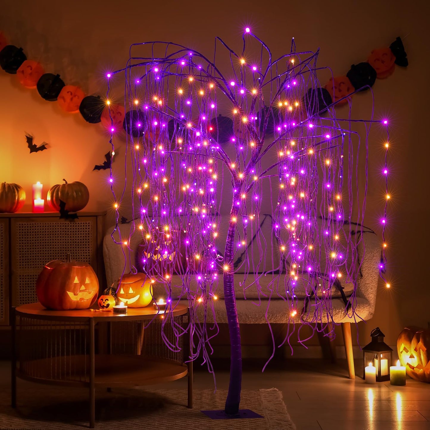 LIGHTSHARE 7 Feet Halloween Willow Tree, 256 LED Lights for Home, Festival, Nativity,Party, and Christmas Decoration,Includes Spiders and White Cobweb,Indoor Outdoor Use,Orange & Purple