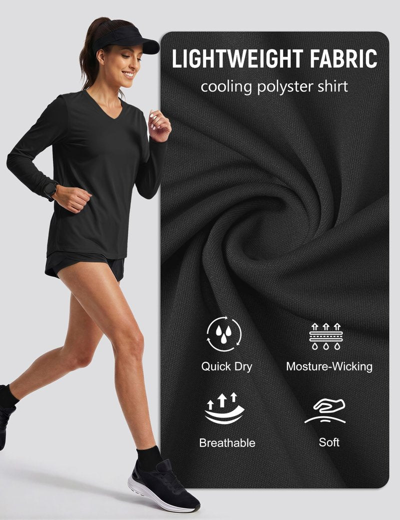 TACVASEN Long Sleeve Workout Tops for Women V Neck Lightweight Quick Dry Sun Protection Hiking Athletic Shirts Black M