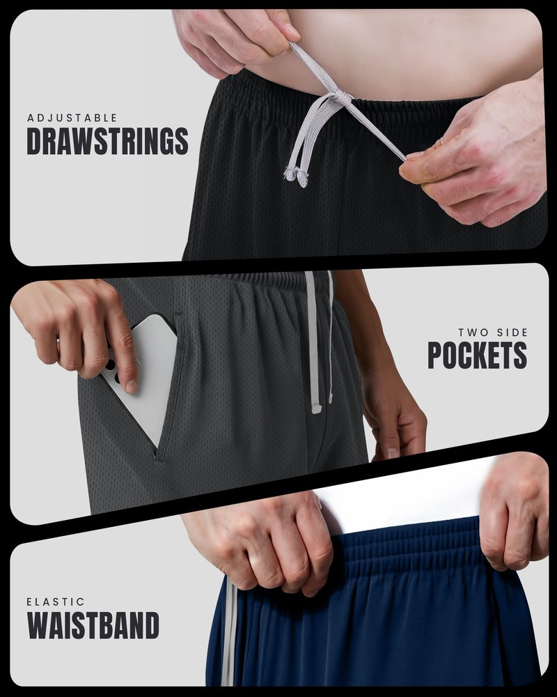 NY Threads 3 Pack Men's Athletic Shorts Quick Dry Lightweight Workout Running Gym Shorts with Pockets, Large, Black/Navy/Dark Grey
