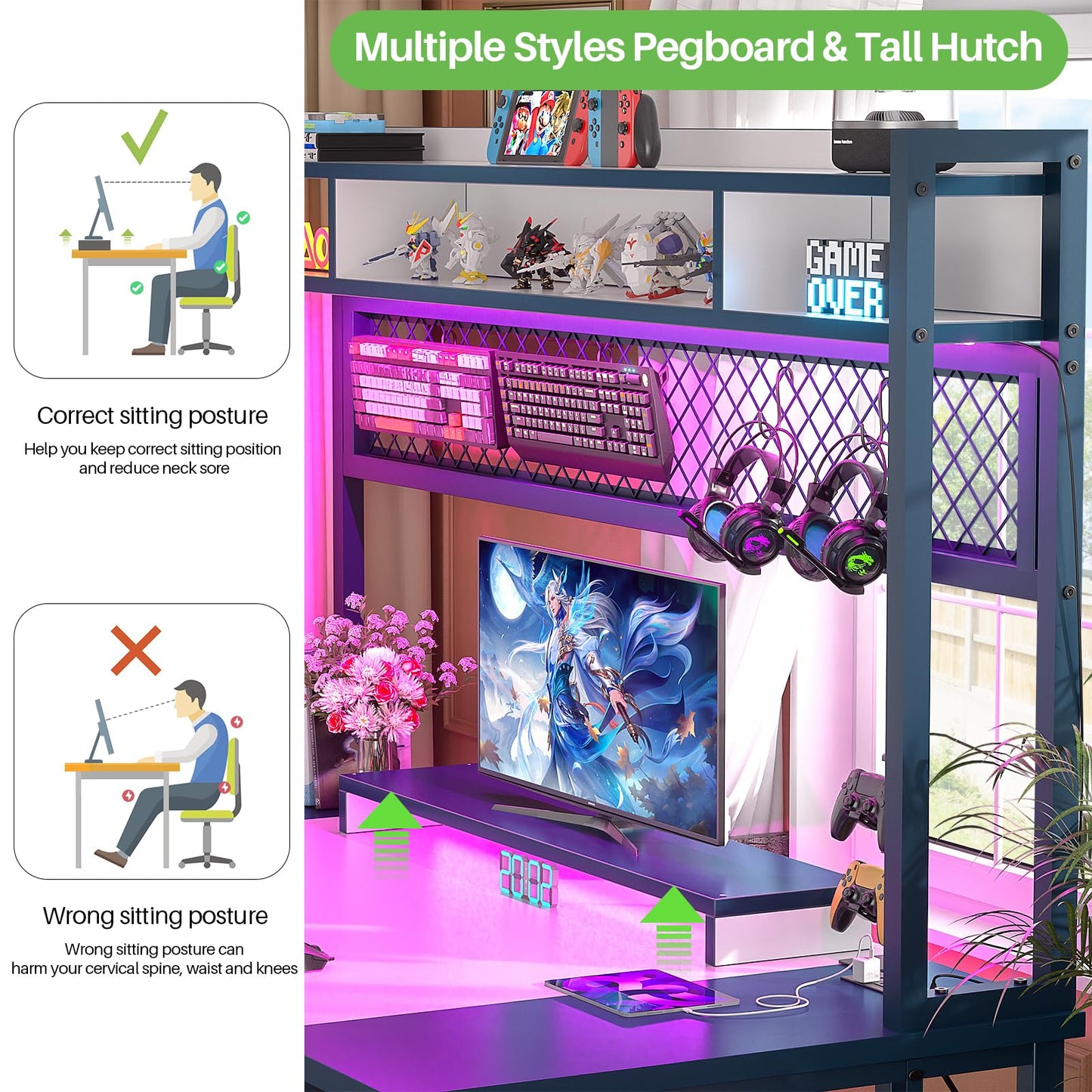 iSunirm 48 Gaming Desk with Hutch, Large Computer Desk with LED and Charging Station, Home Office Desk with Pegboard, Power Outlet, Storage and Monitor Stand, 48'' Gamer Desk PC Table, White