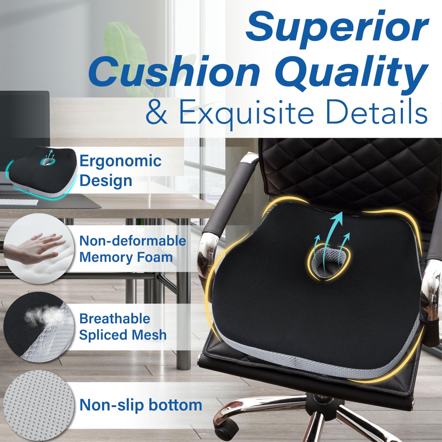 Car Seat Cushion, Ergonomic Memory Foam Car Cushion for Sciatica Pain Relief, Larger Driving Seat Pillow for Short Drivers on Long Drives - Butt Pillow for Truck, Office, Wheelchair - Black&Gray