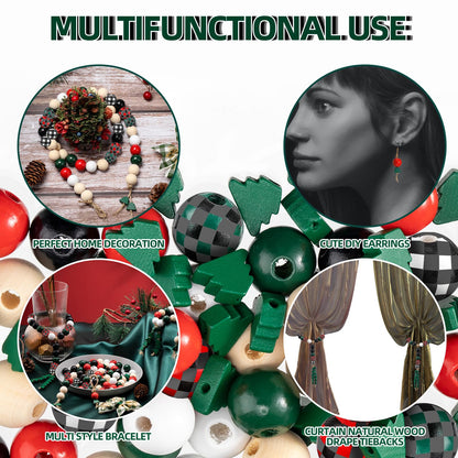 Junkin Christmas Wooden Bead Kit: 201 Pcs - 0.63 Inch Buffalo Plaid & 0.47 Inch Christmas Tree Shaped Beads with 6.6 Feet Natural Cord for DIY Garlands & Jewelry