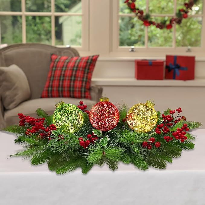 Christmas Centerpiece Table Decorations, Includes 3 LED Baubles Artificial Red Berries and Pine Cones Xmas Candelabrum for Dinning Room, Table, Fireplace, Mantel Decoration