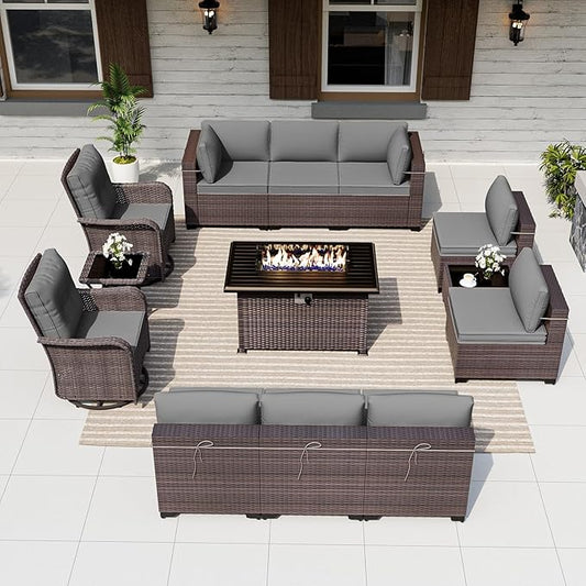 ALAULM 13 Pieces Patio Furniture Set with 2 Swivel Chairs Patio Furniture Outdoor Sectional Sofas with 55000 Gas Fire Pit Patio Conversation Set w/10 Cushions-Grey