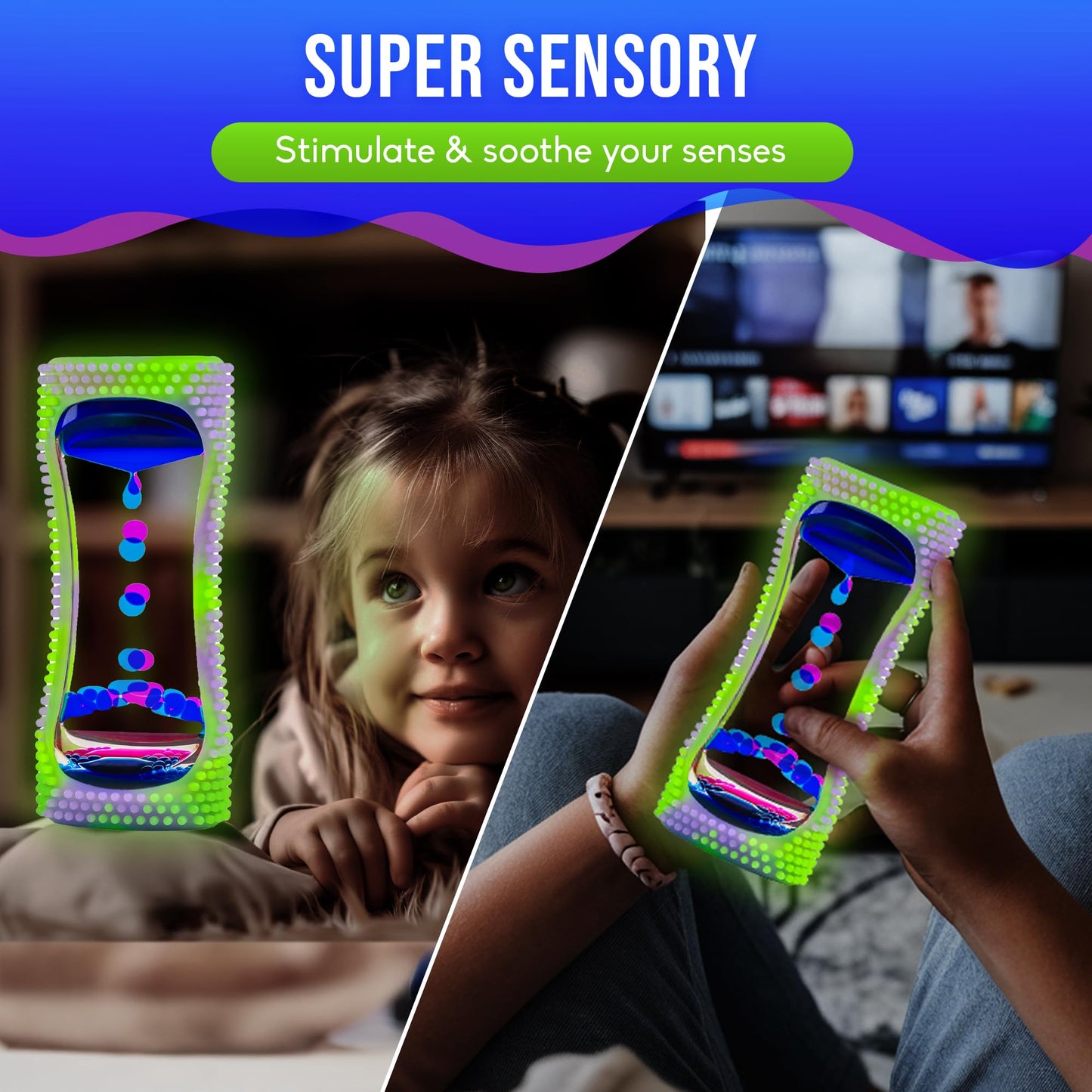 BUNMO Liquid Motion Bubbler Sensory Toy - Calming Fidget Toy for Kids & Adults, Textured Silicone Bubble Timer with Mesmerizing Liquid Flow Sensory Bottles - Small Glow