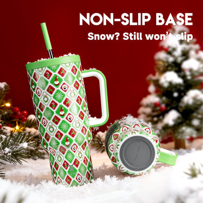 Meoky 40 oz Christmas Tumbler with Handle and Straw, Xmas Tumbler with Lid and Straw, Insulated Stainless Steel Travel Mug, Christmas Gifts for Women Men Adults (Snowy Santa)