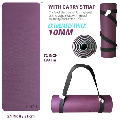 Feetlu Extra Thick Exercise Yoga Mat with Strap - 2/5 Inch (10MM), Non-Slip Workout Mat for Yoga, Pilates, and Floor Exercises(DK. PL/BGY)