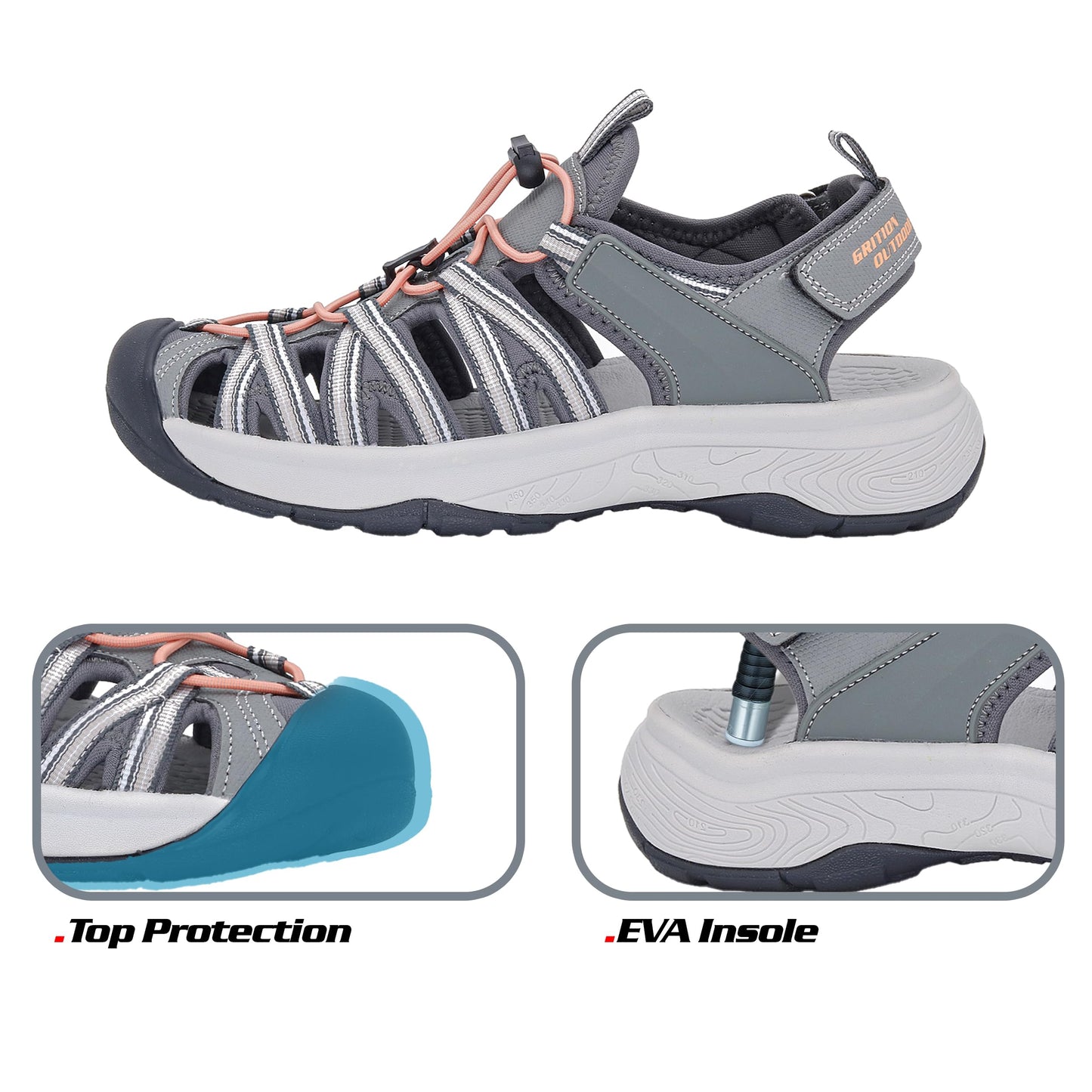 GRITION Womens Hiking Sandals, Ladies Closed Toe Walking Athletic Outdoor Sandles Comfort Adjustable Sport Beach Water Shoes Summer Grey (8 US / 39 EU)