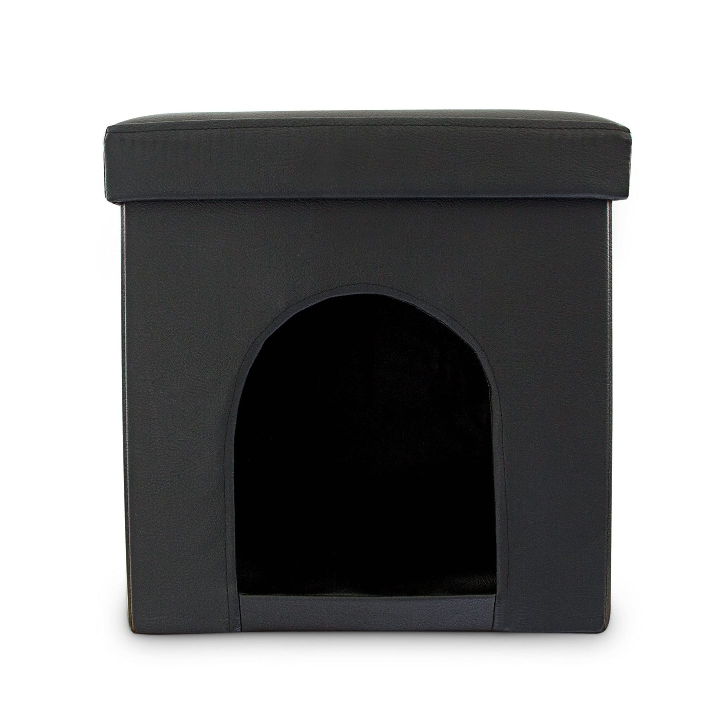 Dog House Ottoman, 38 x 38 x 38 cm, Seat Box with Practical Hole for Pets, Faux Leather, Removable Lid, Black