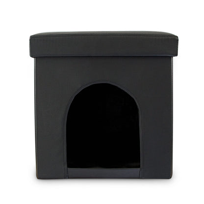Dog House Ottoman, 38 x 38 x 38 cm, Seat Box with Practical Hole for Pets, Faux Leather, Removable Lid, Black