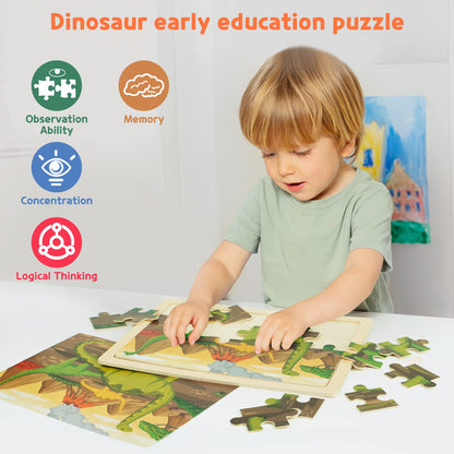 SYNARRY Wooden Dinosaur Jigsaw Puzzles for Kids Ages 3 4 5 6, 4 Packs 24 Piece Dino Puzzles, Preschool Educational Games Gifts for Children, Dinosaur Toys for 3 4 5 6 Year Old Boys Girls