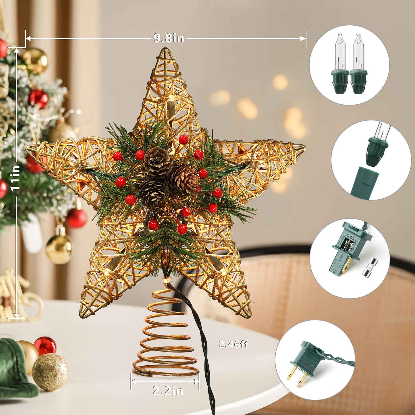 BrizLabs Christmas Tree Topper, 11“ Rattan Star Treetop with 10 Warm Lights, 120V UL Certified Christmas Tree-top Star, Vine Christmas Tree Star Topper for Christmas Indoor Party Home Decor