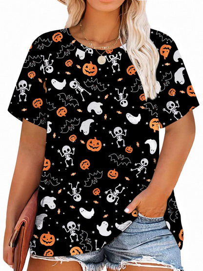 Anbech Women Plus Size Halloween Tops Pumpkin Grapchic Thanksgiving T-Shirt (Full Black, 4XL)