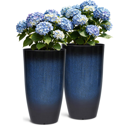 Autodaya 23.8" Large Tall Planters Set of 2 Plant Pot Plastic Flower Pots Outdoor Gradient Cobalt Blue Finish Front Porch Decor Pot Weather-Resistant & Lightweight for Garden, Patio, Deck, Indoor