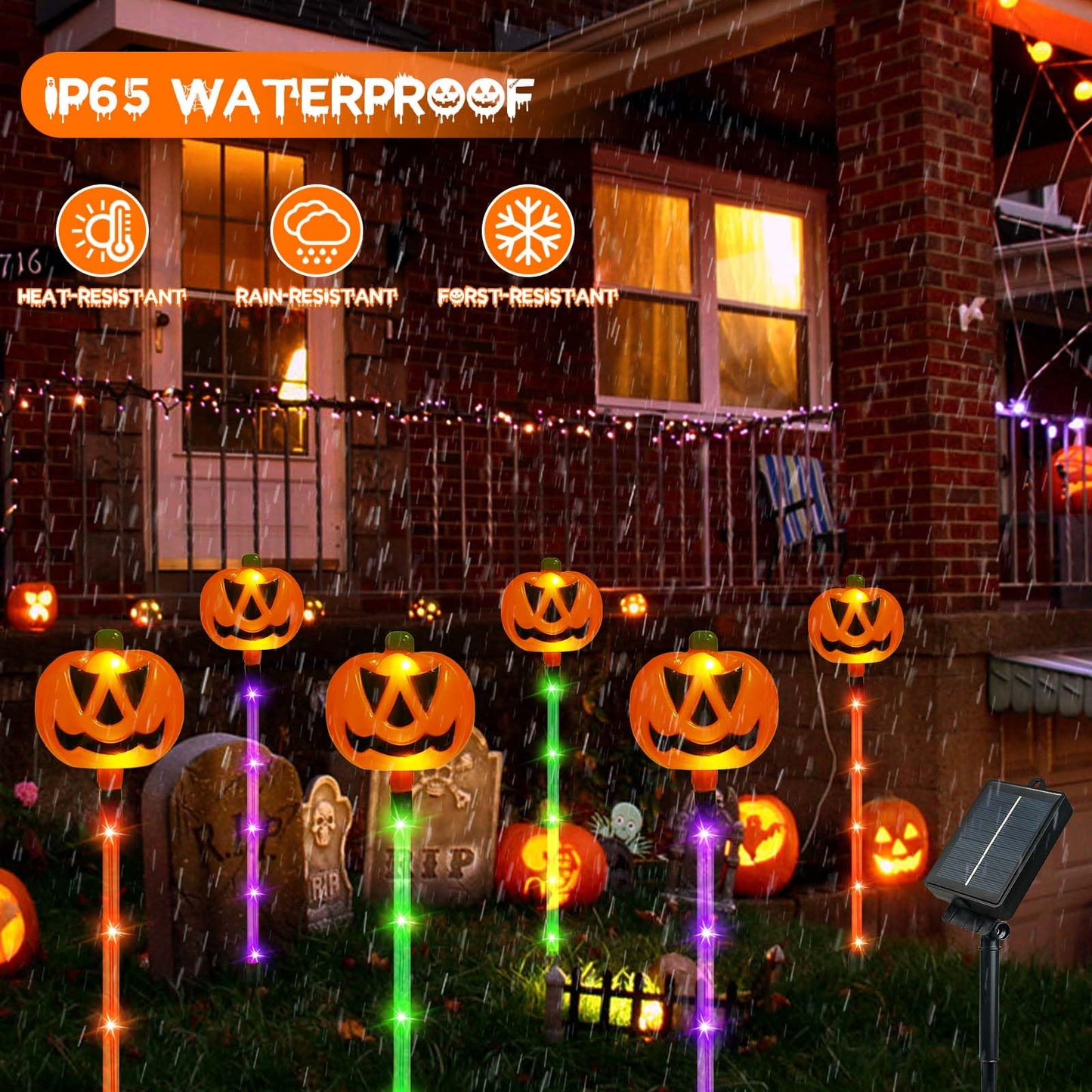 12 Pack Solar Pumpkin Lights for Halloween Decorations Outdoor, Waterproof Halloween Pathway Lights with 8 Modes, Orange Purple and Green Halloween Walkway Stake Lights for Yard Garden Party Decor