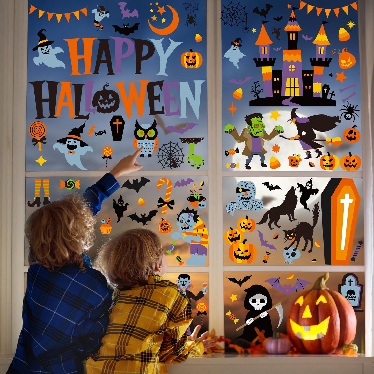 115PCS Halloween Window Clings, 9 Sheets Halloween Decorations, Cute Witch Tree Zombie Ghost Patterns PVC Window Stickers for Treat or Trick Party Favors Decal Supplies Decor Accessories