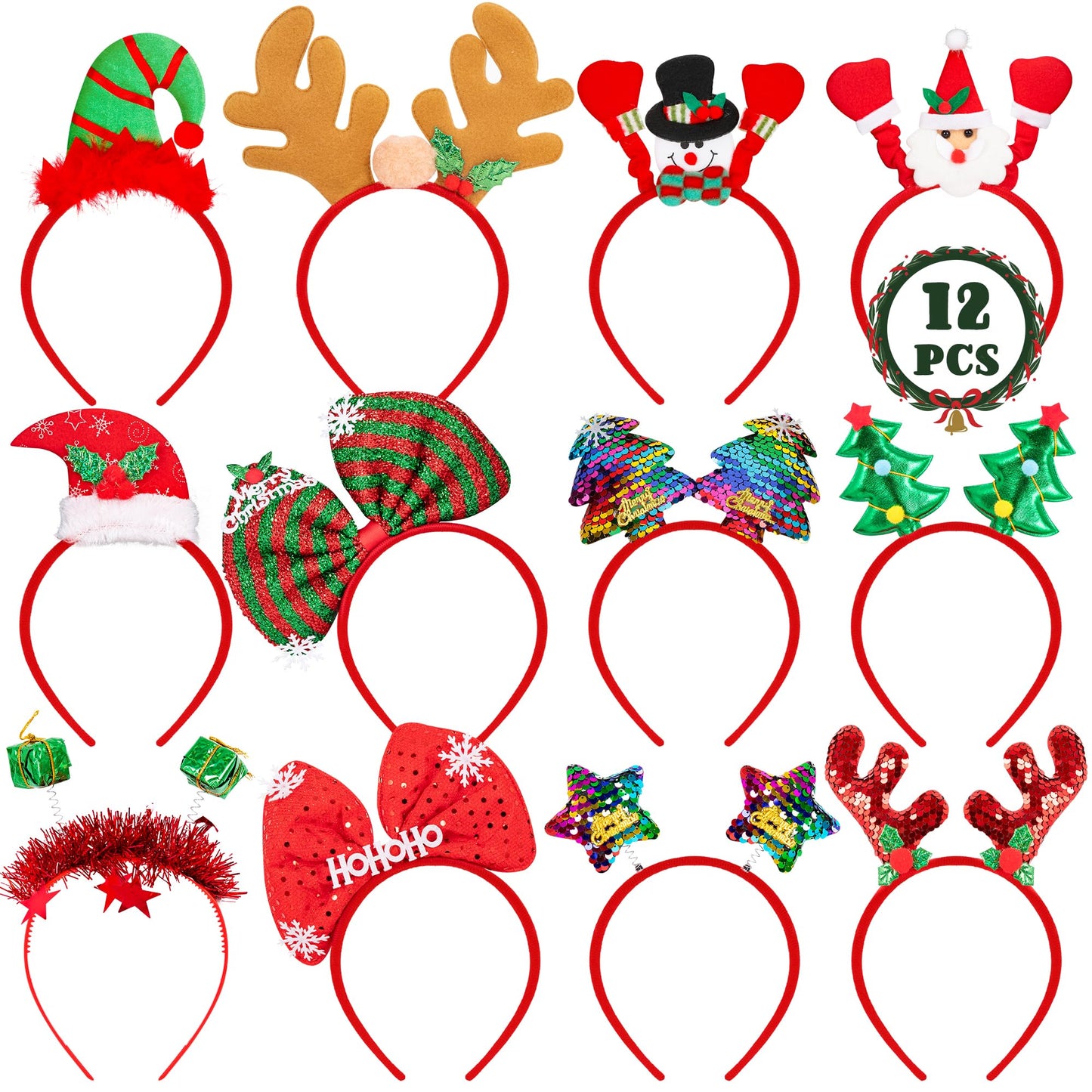 HOVACY 12 Pieces Christmas Headbands, Cute Xmas Head Toppers, Various Design Santa Hat Christmas Tree Snowman Reindeer Antler Headwears for Christmas Party Favors, Christmas Decorations