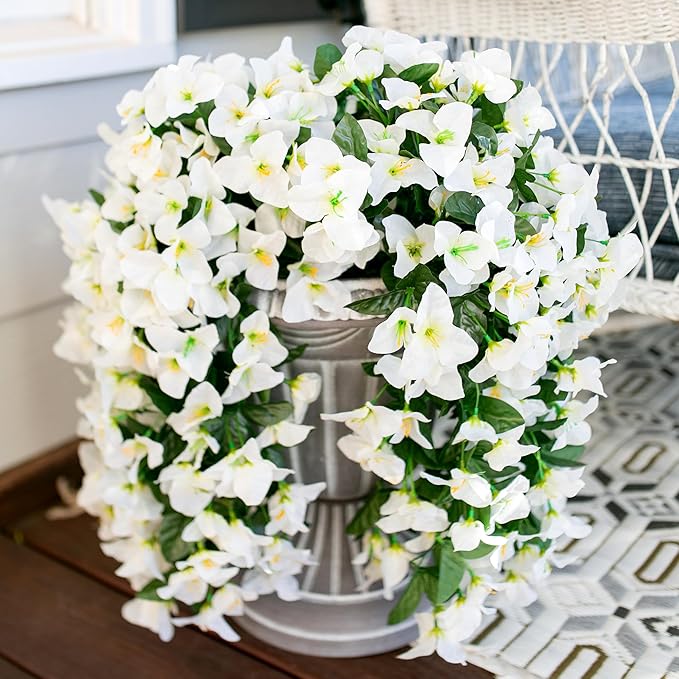 HyeFlora Bougainvillea Artificial Hanging Flowers Plants for Outdoors Decoration, 2pcs Fake Flowers Silk Bougainvillea Vines Realistic UV Resistant Faux Flowers for Outdoor Planters Patio Urn, White