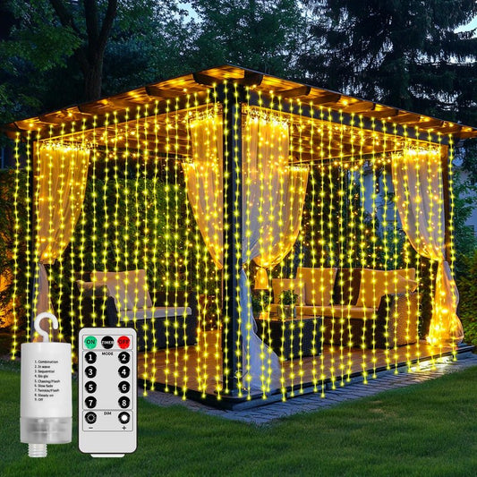 Curtain Lights Battery Operated 10 * 10Ft 300LED Waterfall Light with 8 Modes Remote Dimmable Timer Memory Waterproof Twinkle Fairy String Lights for Indoor Outdoor Backdrop Bedroom Pergola Christmas